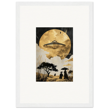 UFO hovering in a golden sky above a silhouetted landscape for Golden Serenade wall art