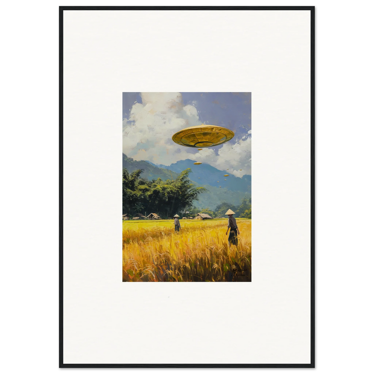 UFO over golden wheat field in framed wall art featuring Circles Kabuki design