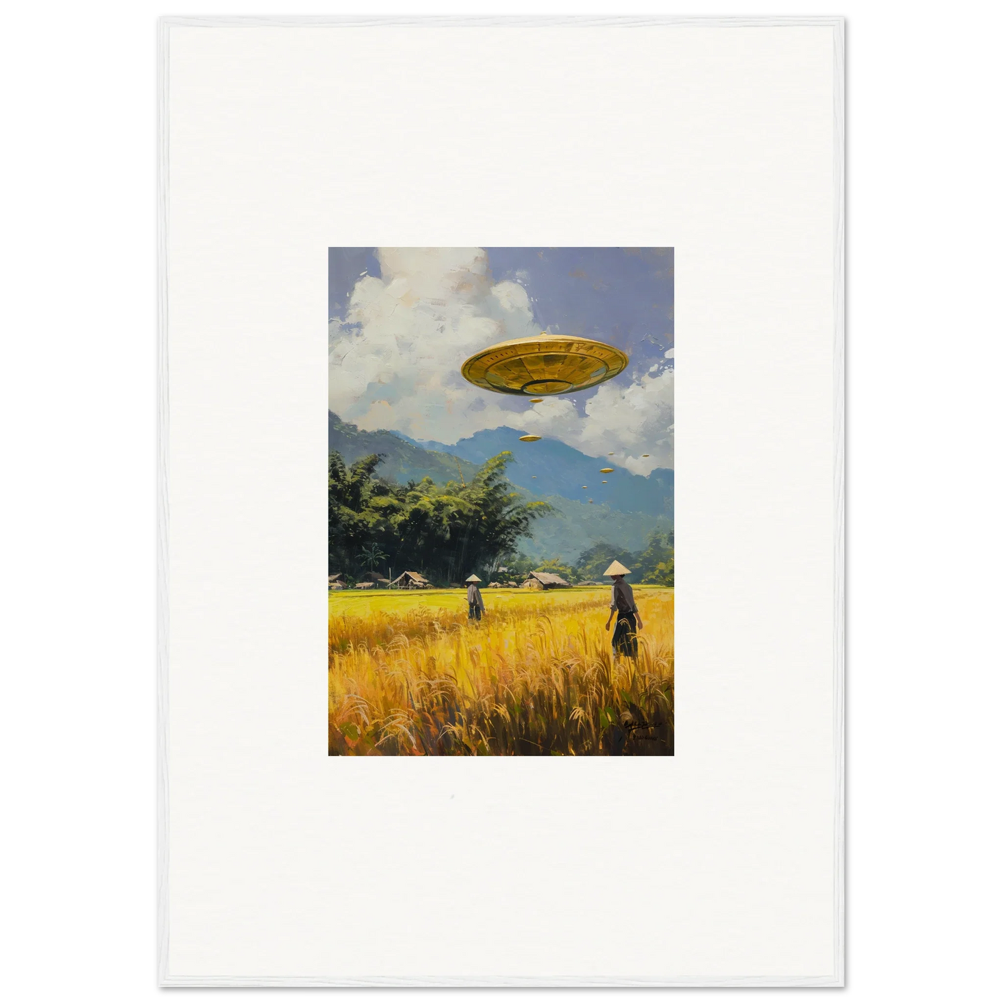 UFO over golden wheat field with mountains, stylish Circles Kabuki room decor