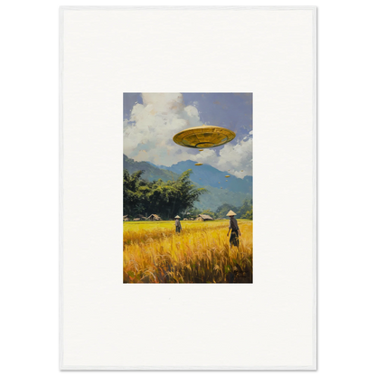 UFO over golden wheat field with mountains, stylish Circles Kabuki room decor