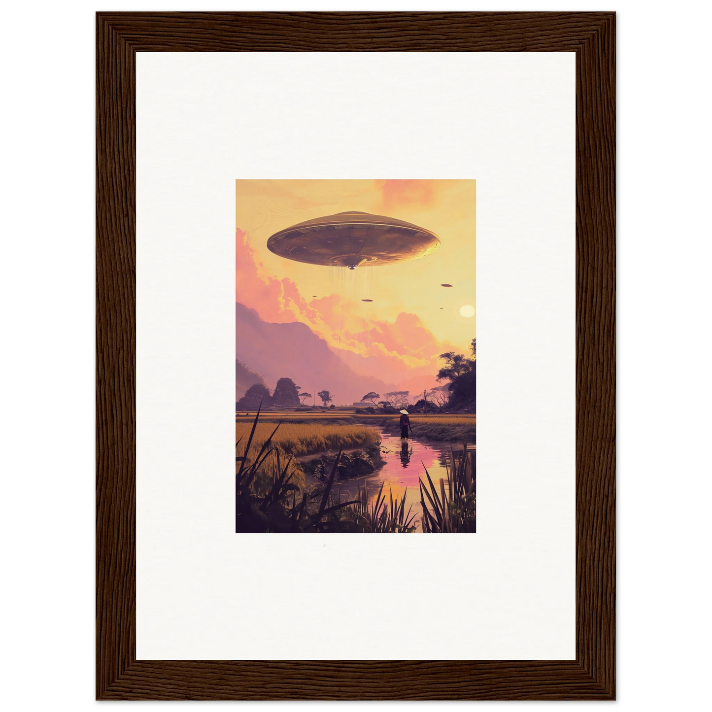 UFO-like craft at sunset in Ethereal Mindship Landing framed wall art for room decor