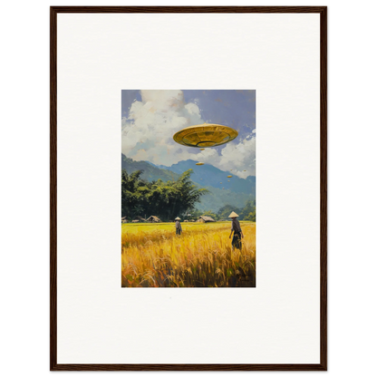 UFO hovering in the sky as stunning Circles Kabuki framed wall art for room decor