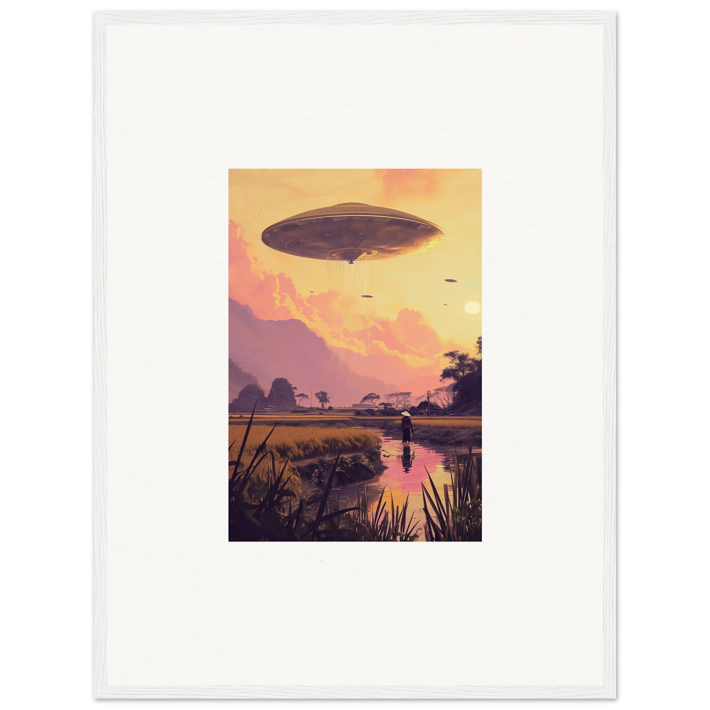 UFO hovering in sunset sky for Ethereal Mindship Landing framed wall art decor