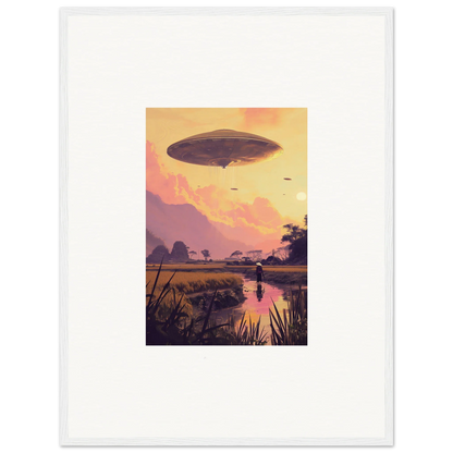 UFO hovering in sunset sky for Ethereal Mindship Landing framed wall art decor