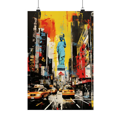 Colorful abstract painting of the Statue of Liberty amid a bustling New York City street scene.