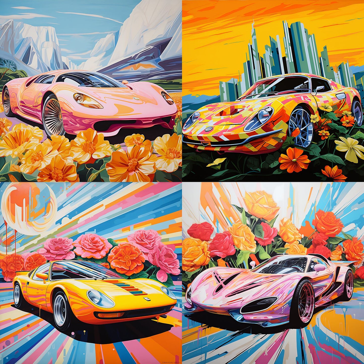 Futuristic sport car and giant flower painting inspired