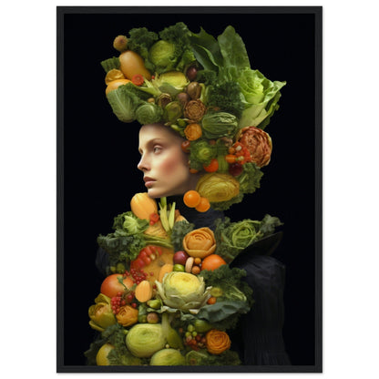 Portrait composed of various fruits and vegetables arranged to form a human figure against a dark background.