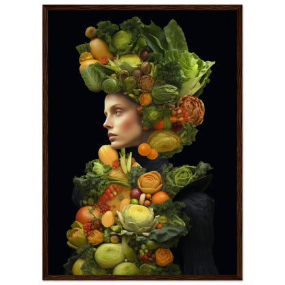 Portrait composed of colorful fruits and vegetables arranged to form a human figure against a dark background.