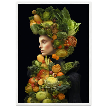 Portrait composed of colorful fruits and vegetables arranged to form a human figure against a dark background.