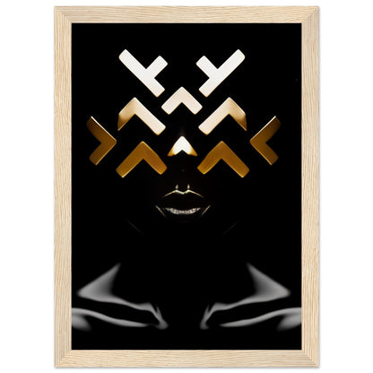 Abstract geometric face design with white and gold angular shapes on a black background, featuring stylized lips.