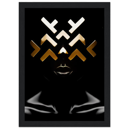 Abstract geometric design featuring white and gold angular shapes above stylized silver lips on a black background.