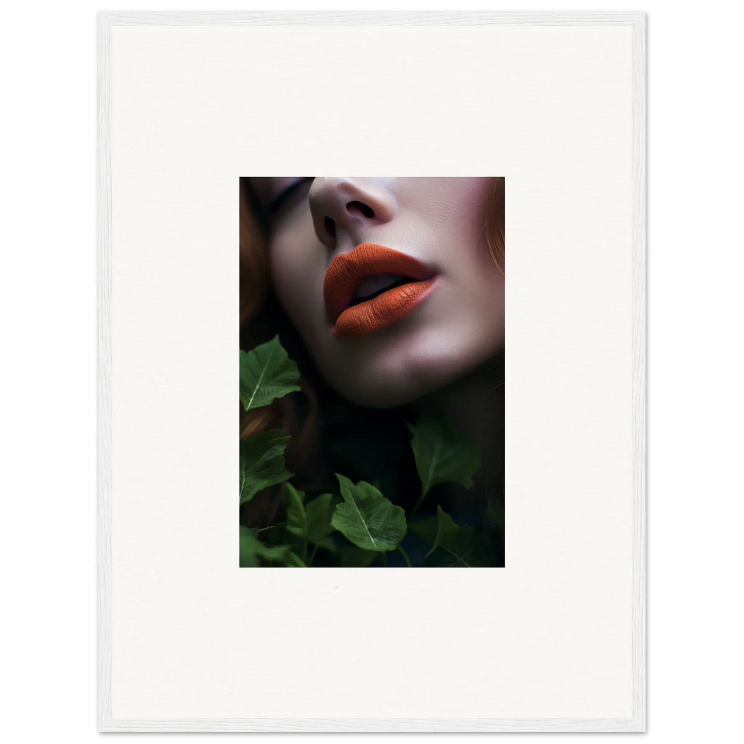 Vibrant red lips and pale skin blend with green foliage in Leaf Symphony wall art