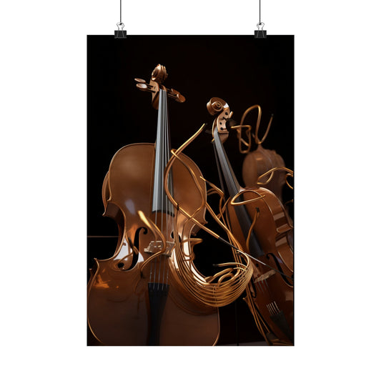 Artistic arrangement of musical instruments including a cello, French horn, and violin.