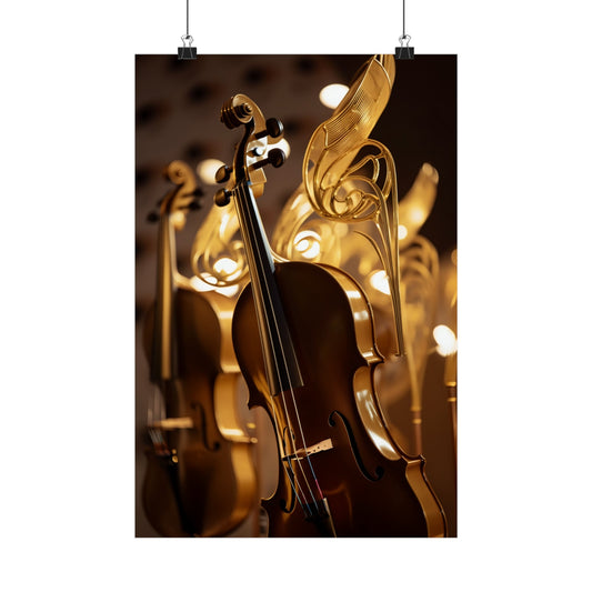 Violin positioned in front of golden, illuminated musical note sculptures.