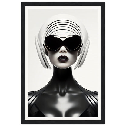 Stylized black and white portrait of a figure wearing oversized sunglasses and a white headpiece.