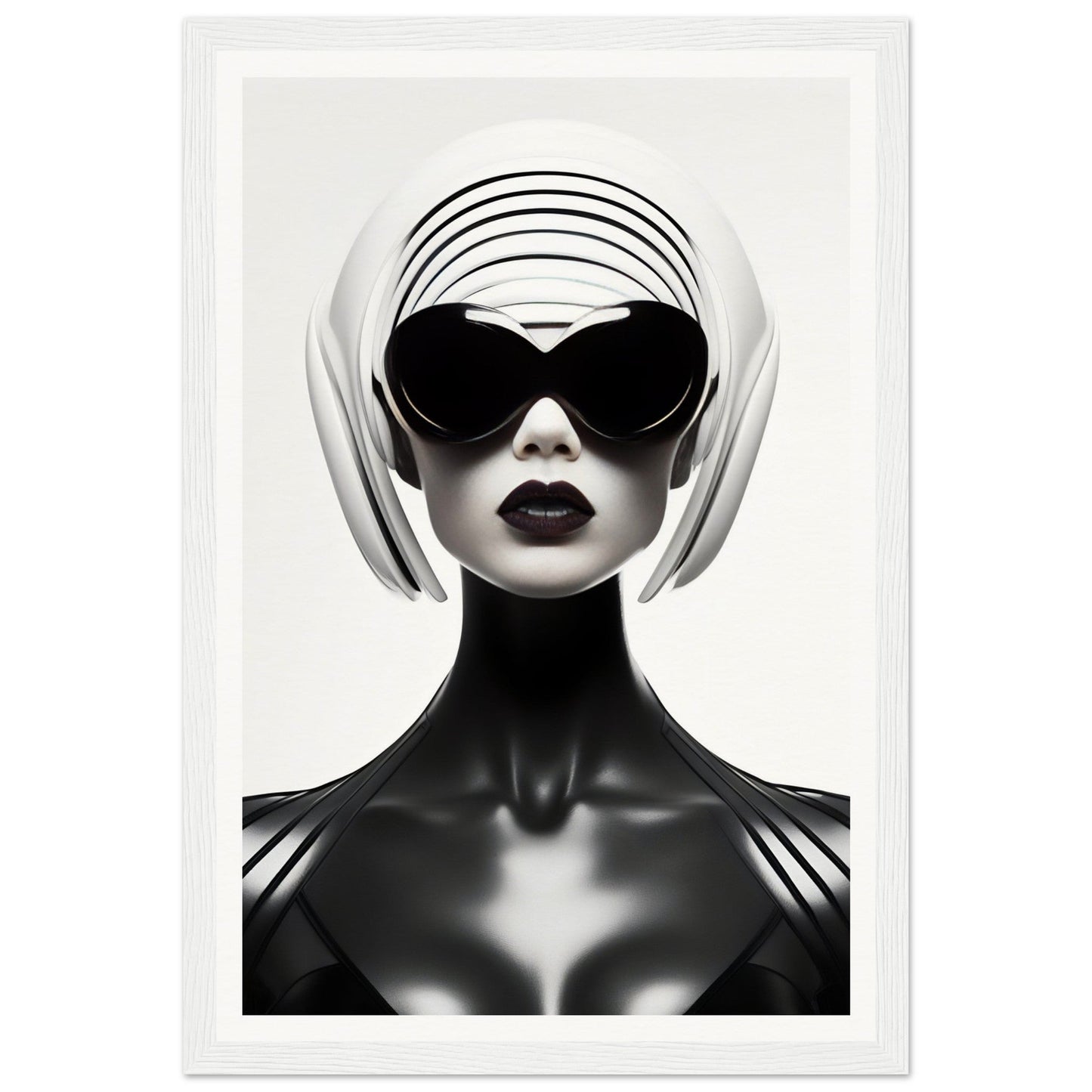 Stylized portrait of a figure with white hair, dark sunglasses, and bold lipstick against a high-contrast black and white aesthetic.