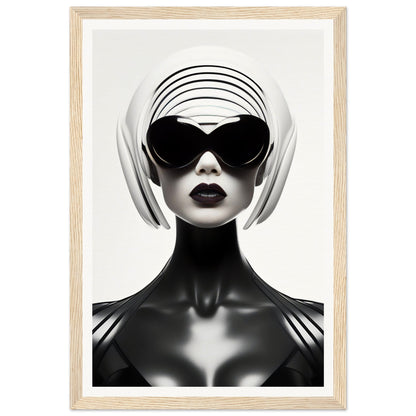 Stylized portrait of a figure with white hair, dark sunglasses, and bold lipstick against a stark black and white contrast.