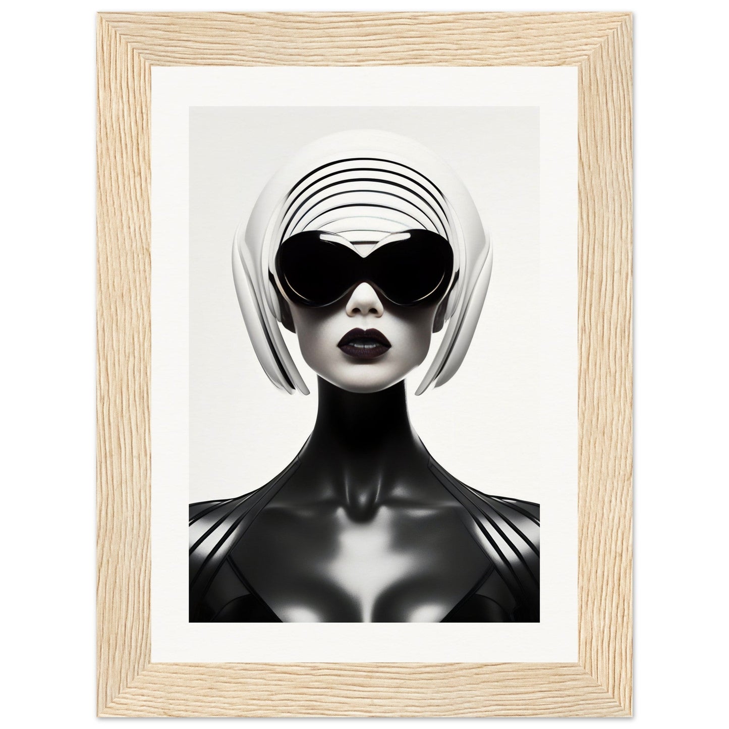 Stylized black and white portrait of a figure wearing sunglasses and a futuristic headpiece.