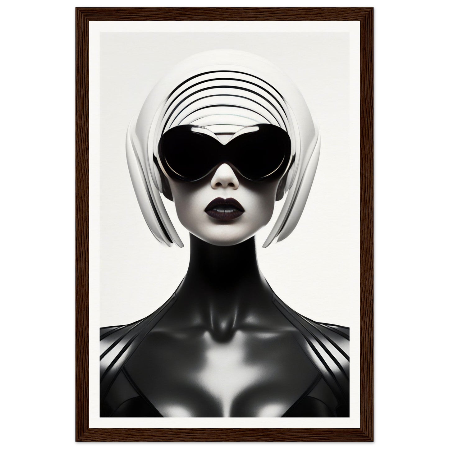 Stylized portrait of a figure wearing sunglasses and a white headpiece against a stark black and white contrast.