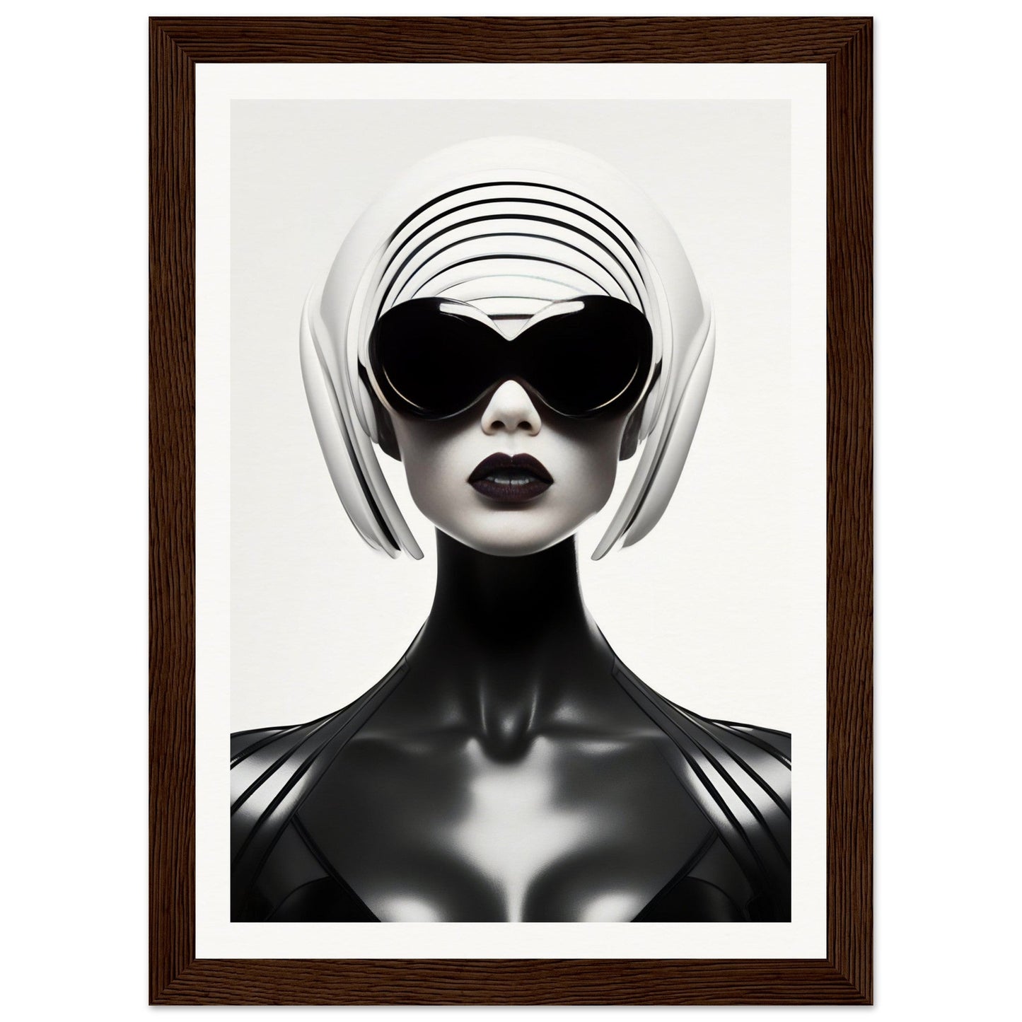 Stylized black and white portrait of a figure wearing sunglasses and a futuristic headpiece.