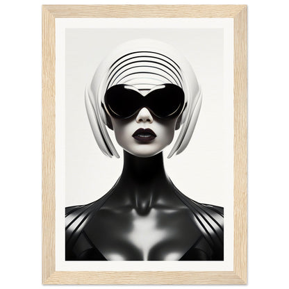 Stylized black and white portrait of a figure wearing sunglasses and a futuristic headpiece.