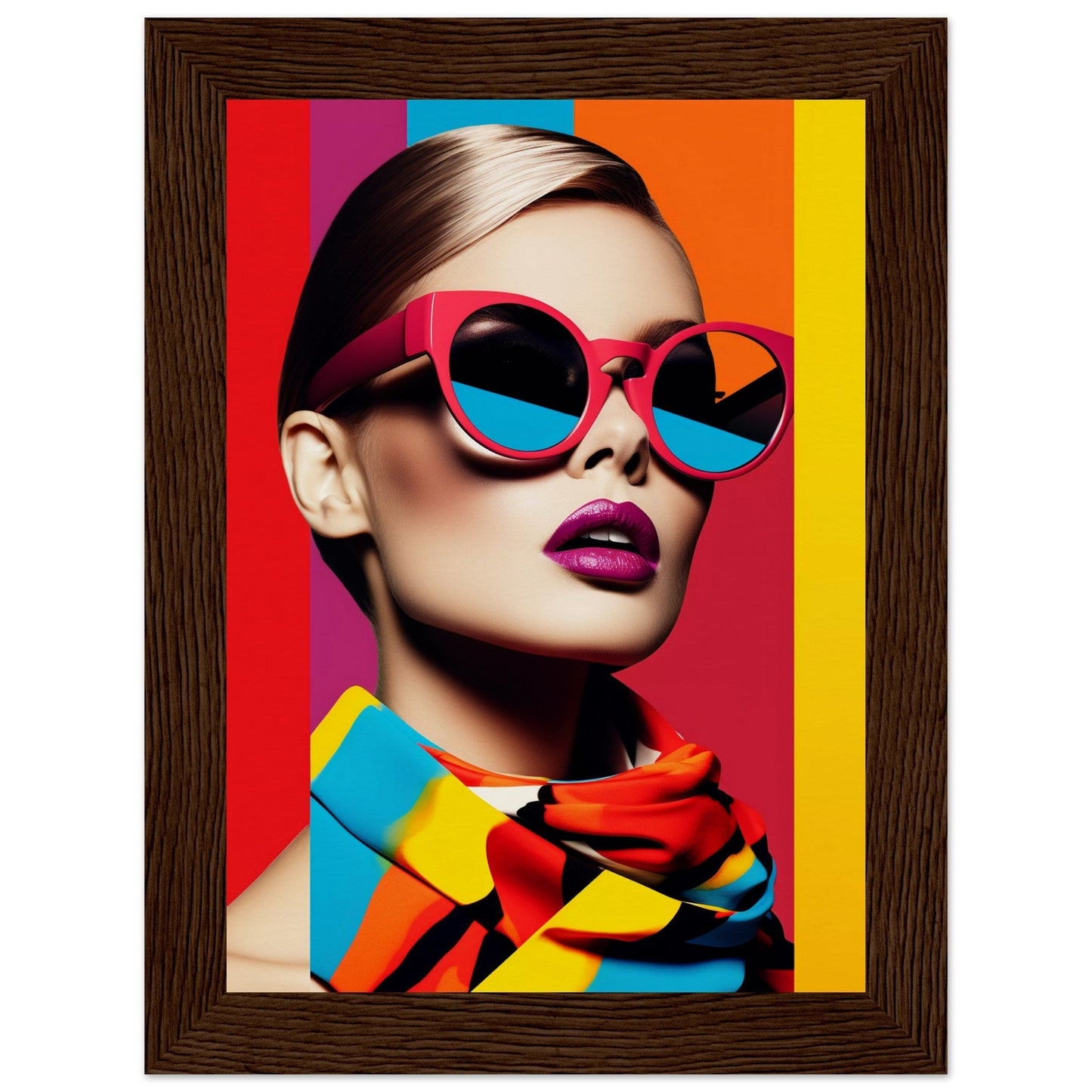 Colorful portrait of a person wearing vibrant sunglasses and a bold, multi-colored scarf.