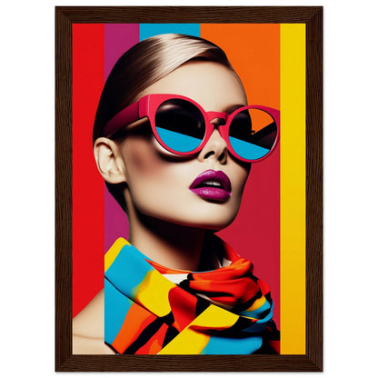 Stylish woman wearing vibrant pink sunglasses and colorful clothing against a bold striped background.