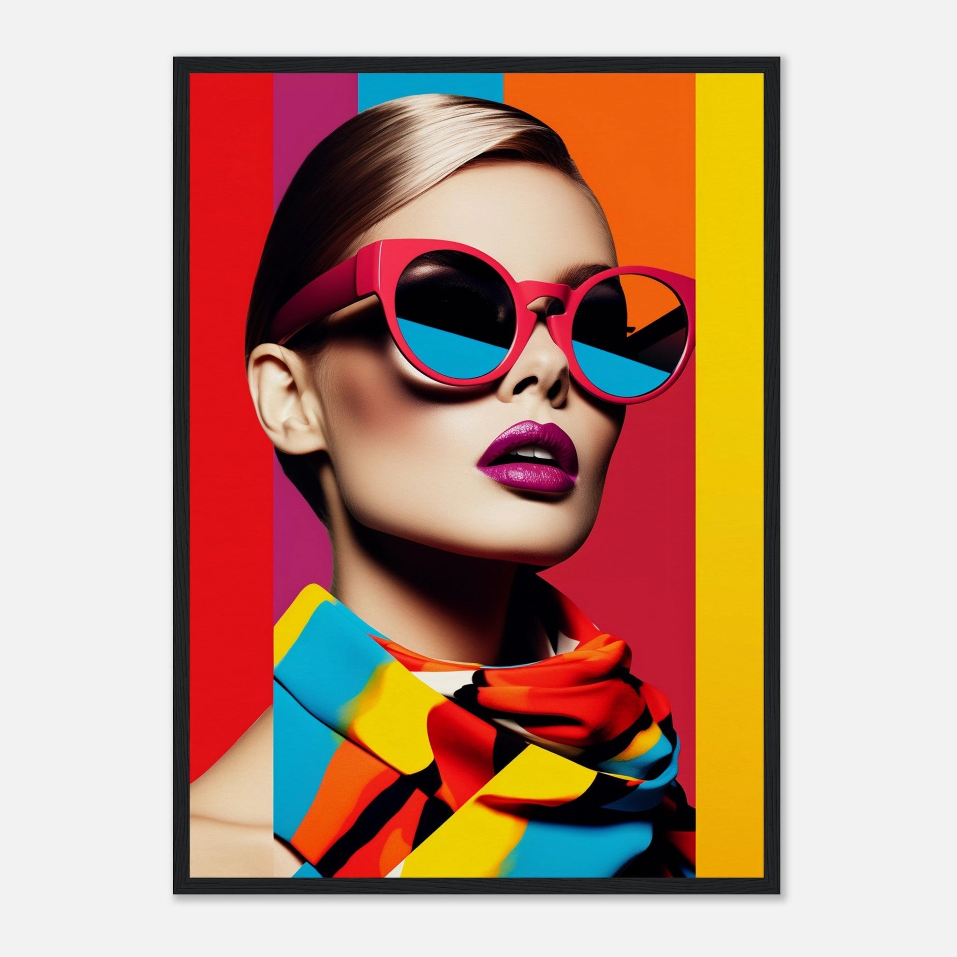 Stylized portrait of a person wearing vibrant pink sunglasses and colorful accessories against a striped rainbow background.