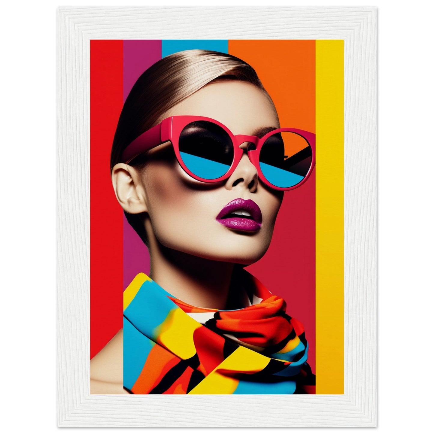 Stylized portrait of a person wearing vibrant oversized sunglasses and colorful clothing against a rainbow-striped background.