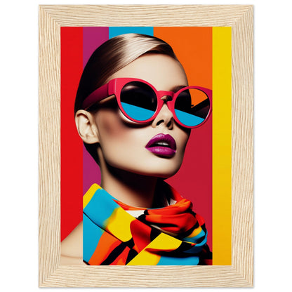 Colorful portrait of a person wearing vibrant pink sunglasses and bold makeup against a rainbow-striped background.