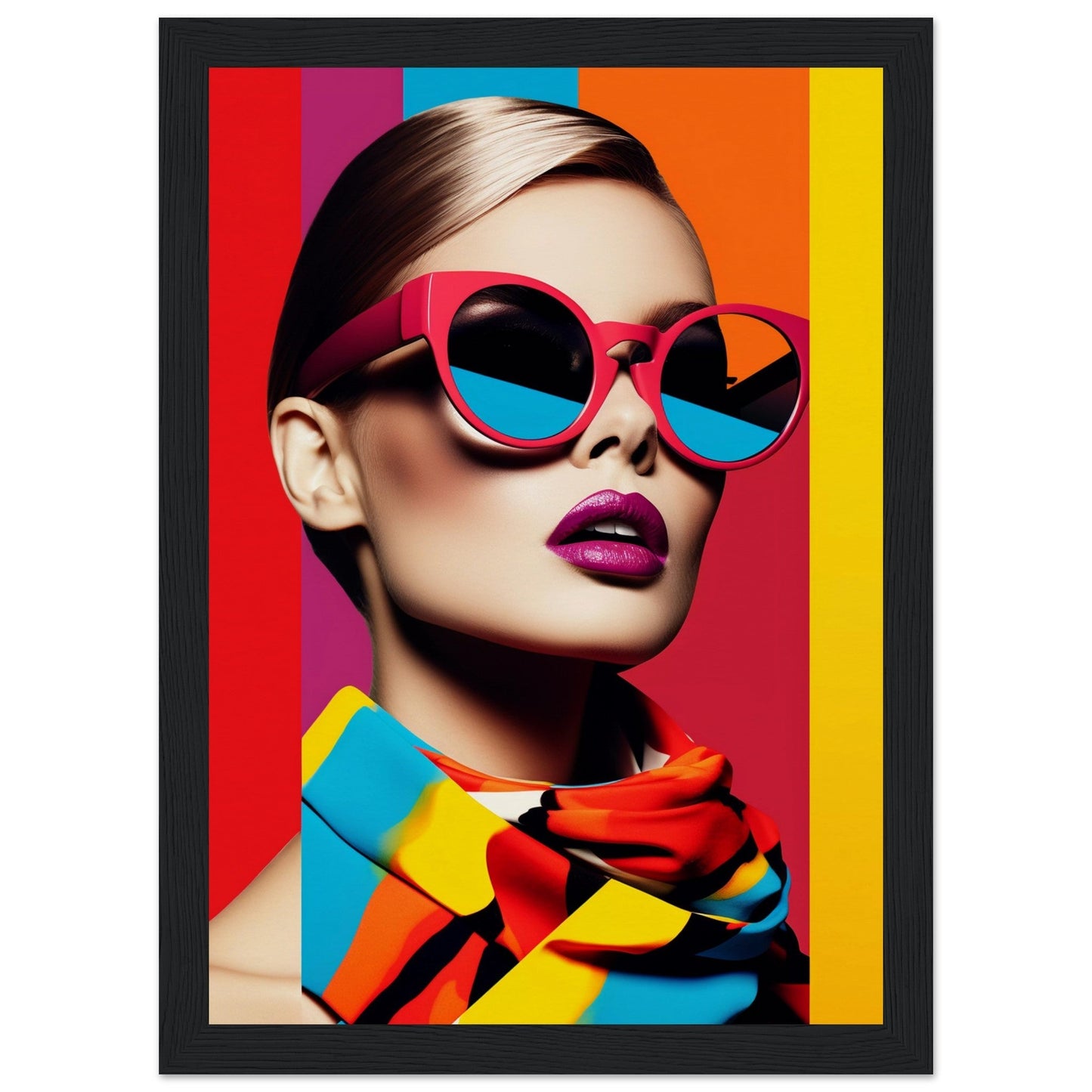 Stylized portrait of a person wearing vibrant pink sunglasses and colorful clothing against a bold striped background.