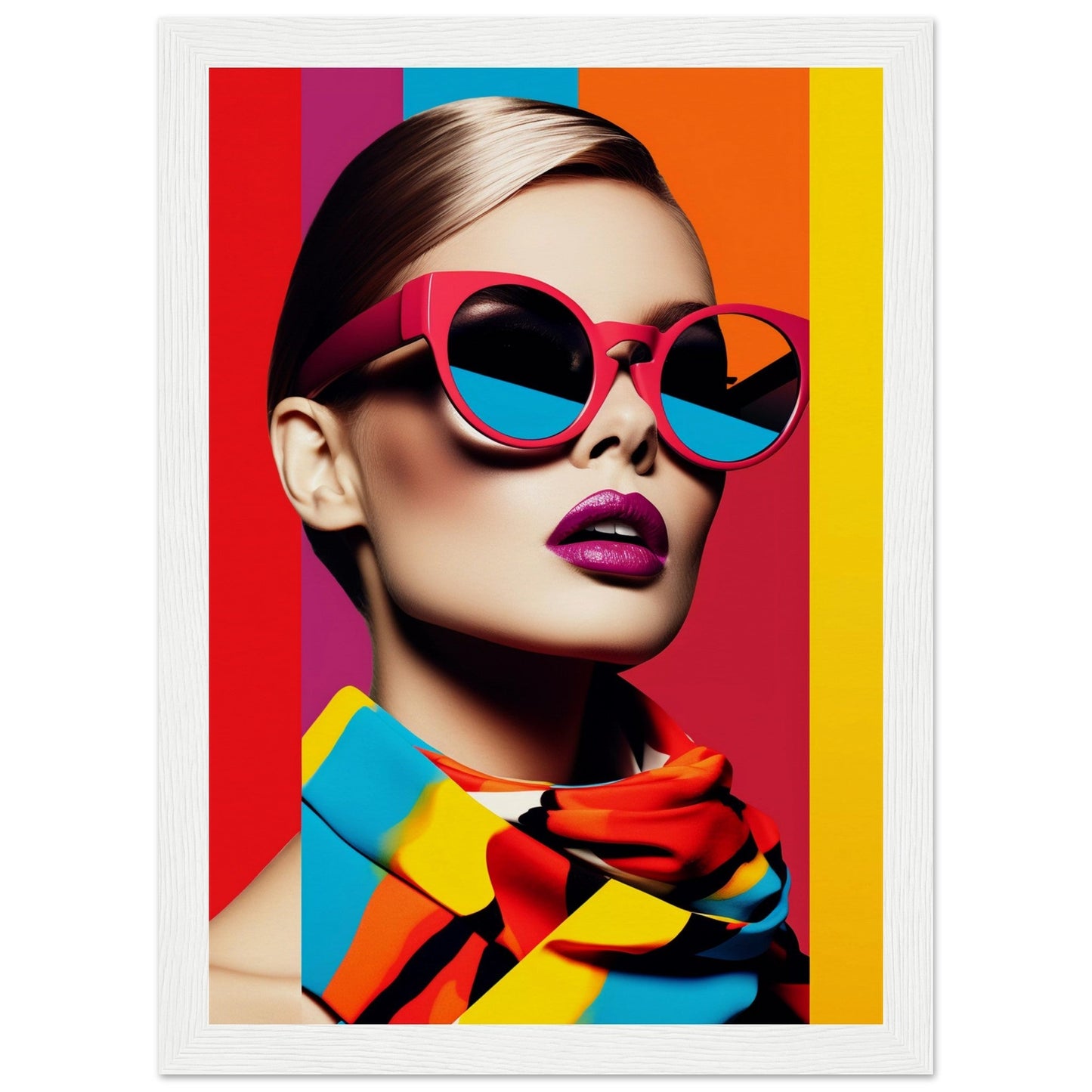 Stylish woman wearing vibrant pink sunglasses and colorful accessories against a rainbow-striped background.