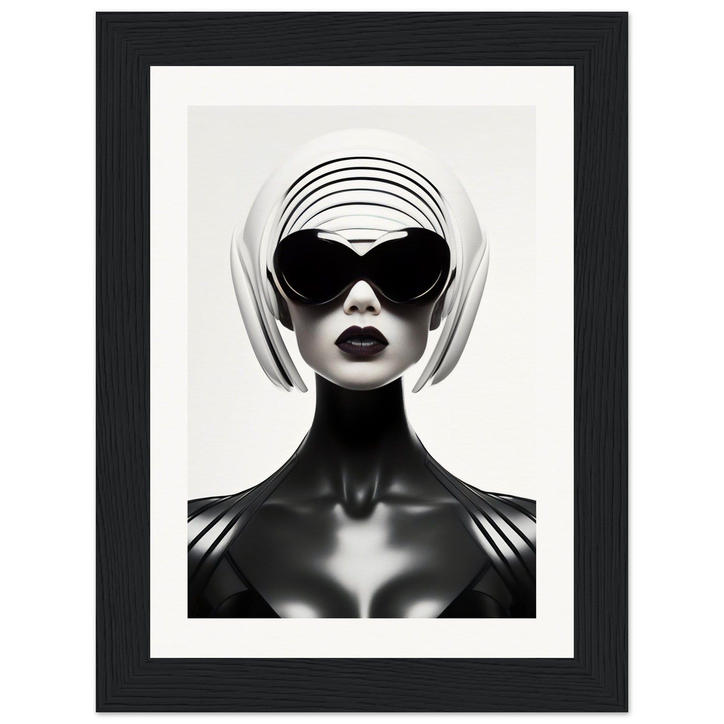 Stylized black and white portrait of a figure wearing futuristic sunglasses and headpiece.