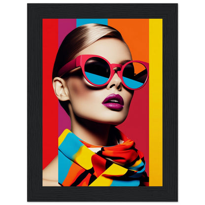 Stylized portrait of a person wearing vibrant pink sunglasses and colorful accessories against a rainbow-striped background.