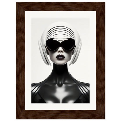 Stylized black and white portrait of a figure wearing futuristic sunglasses and a geometric headpiece.