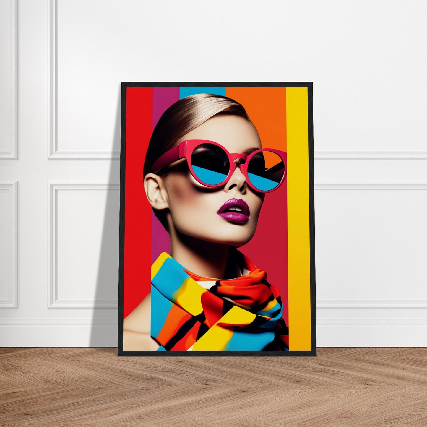 Colorful pop art-style portrait of a person wearing oversized sunglasses and vibrant clothing.