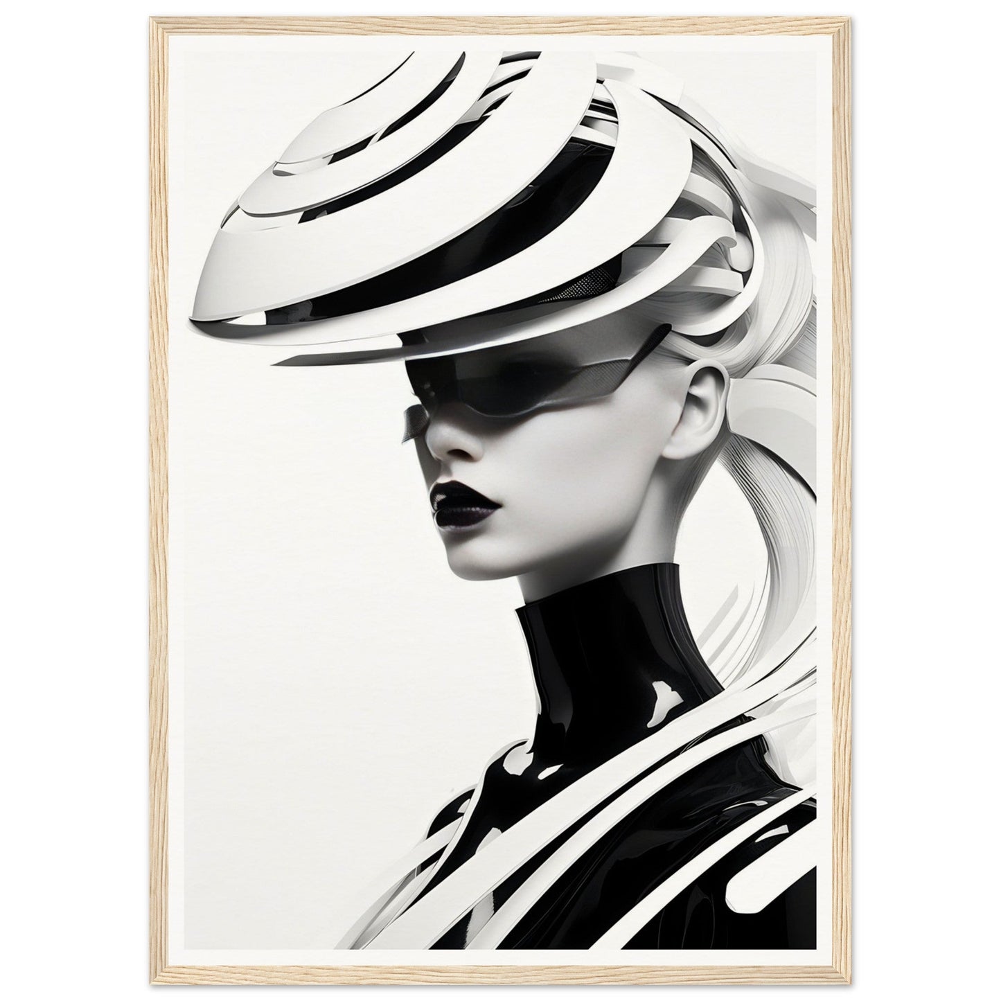 Striking black and white portrait featuring a person wearing an avant-garde sculptural hat and high-necked outfit.