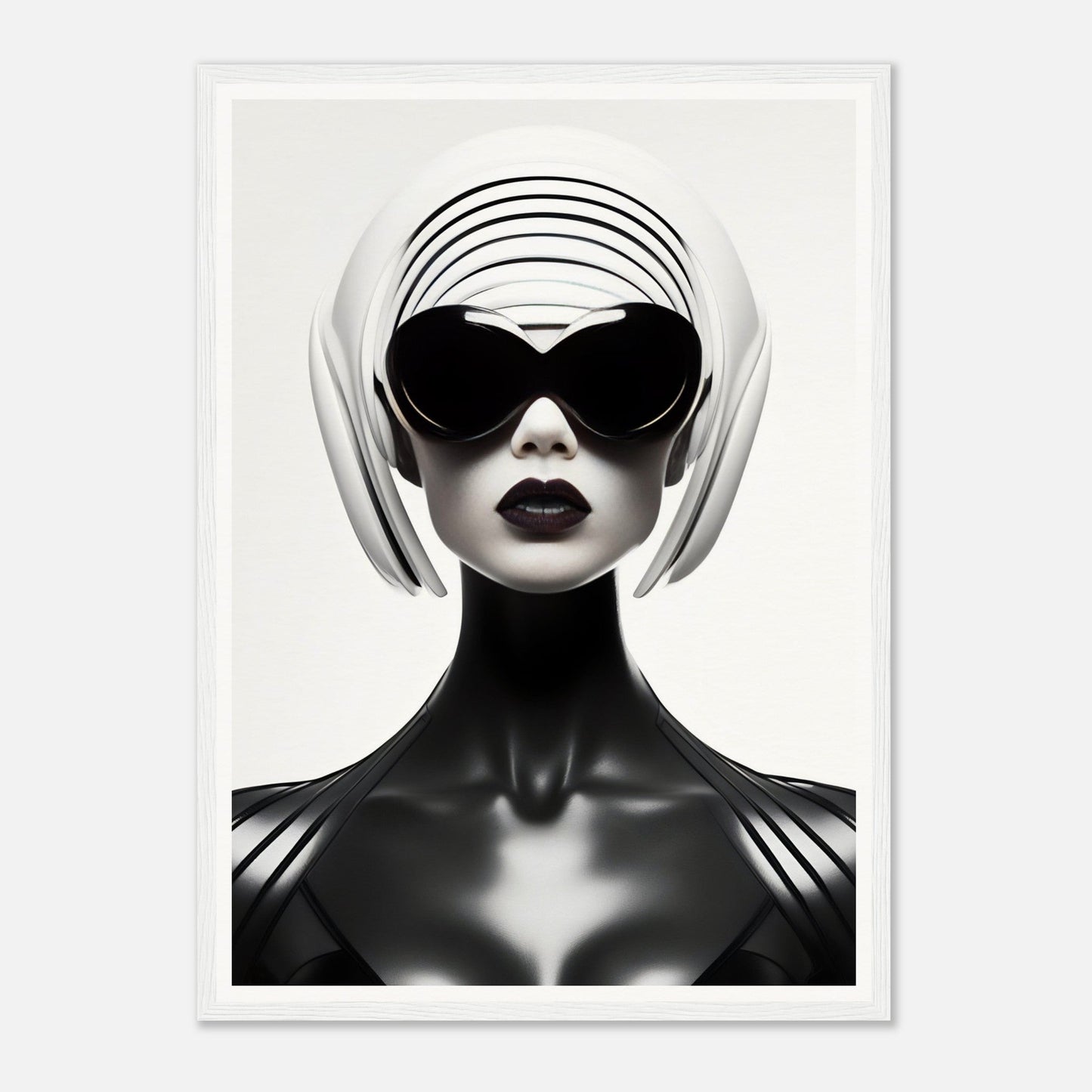 Stylized portrait of a figure with white hair, dark sunglasses, and bold lipstick against a high-contrast black and white aesthetic.