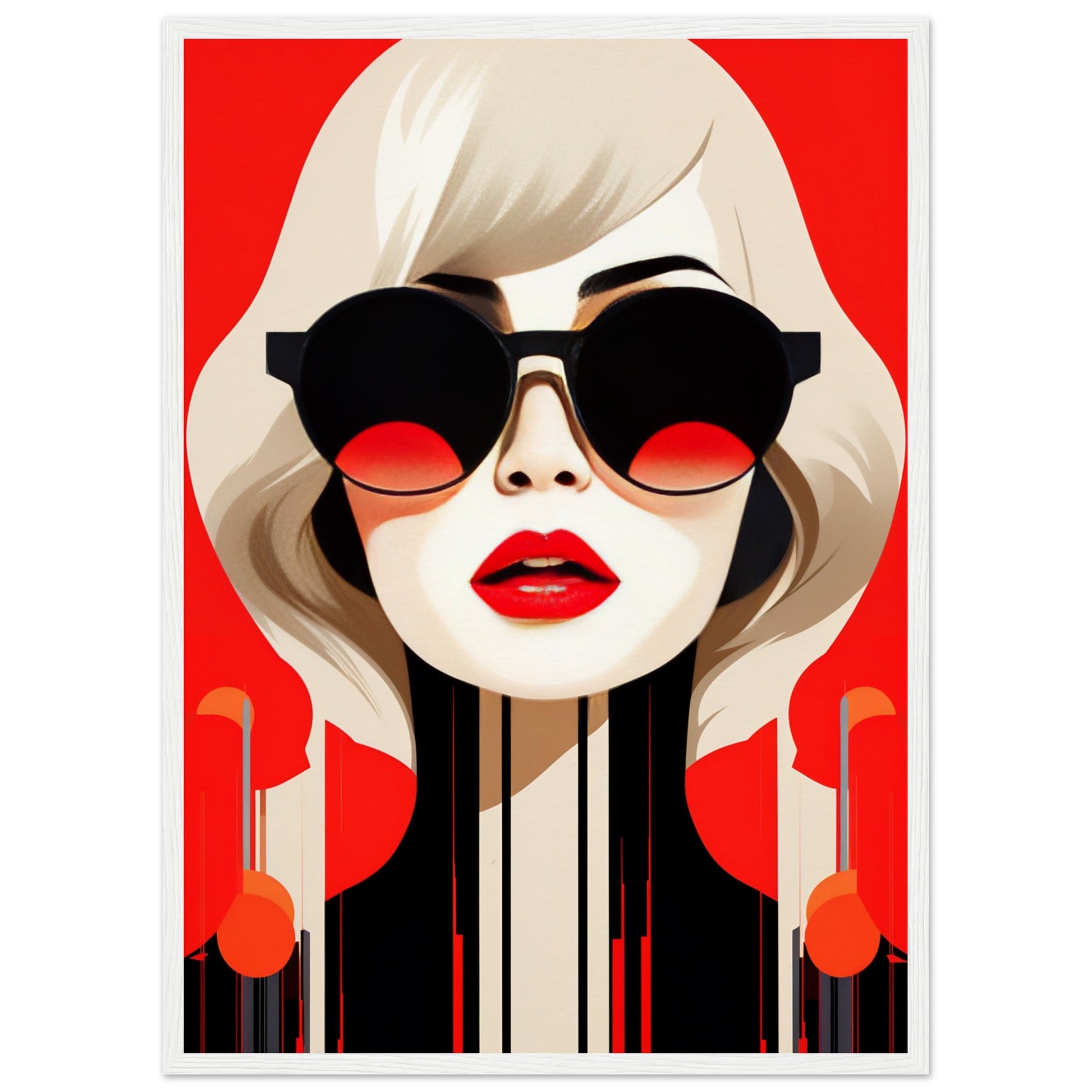 A Hey Honey The Oracle Windows™ Collection of a woman with sunglasses on a red background, perfect for my wall as fashion wall art.