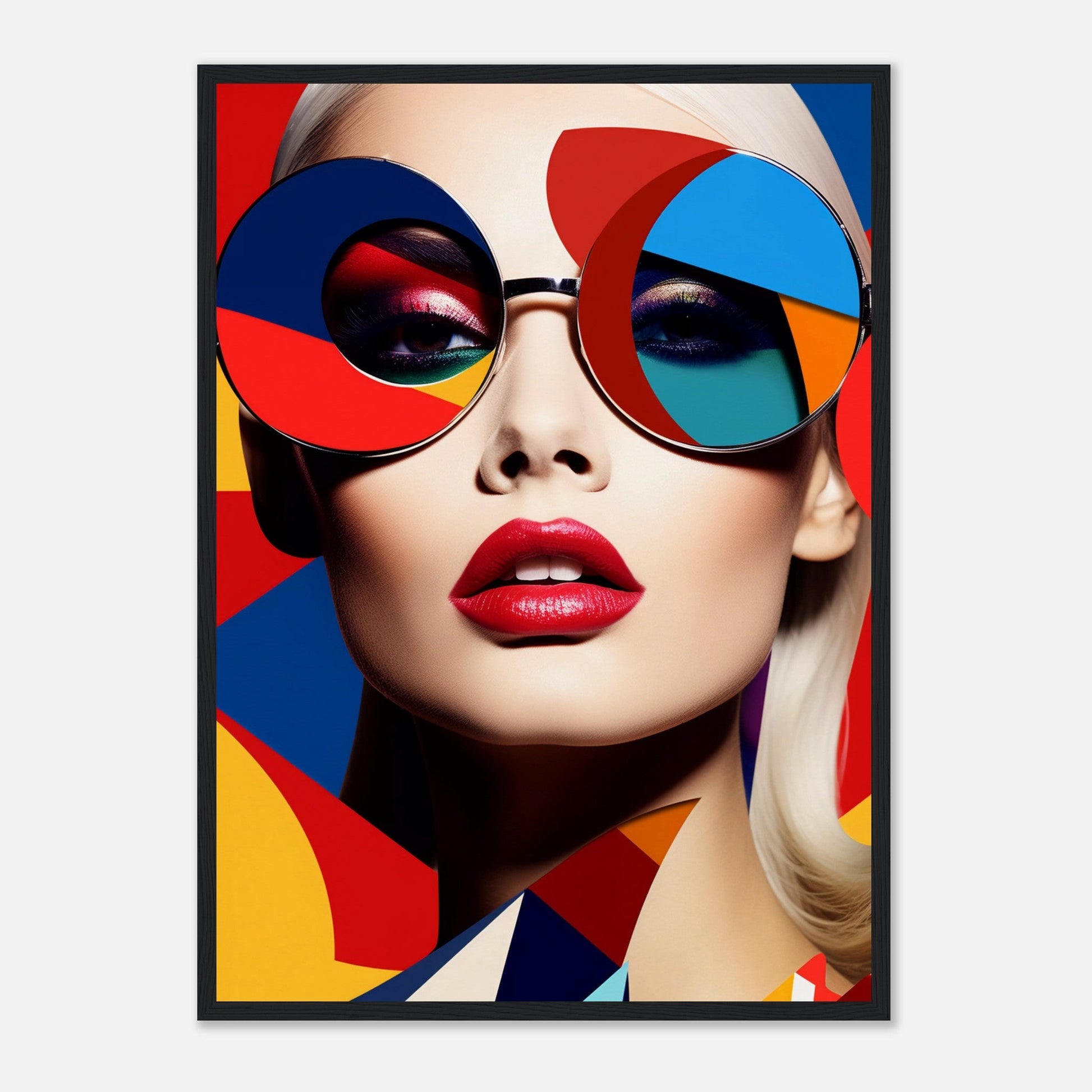 A woman in colorful sunglasses is featured in a high-quality framed art print from the You Got The Pop The Oracle Windows™ Collection, making it fashionable wall art.