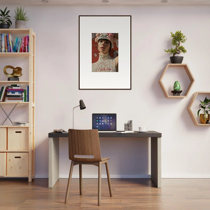 Home office workspace with a desk, chair, and decorative wall elements.