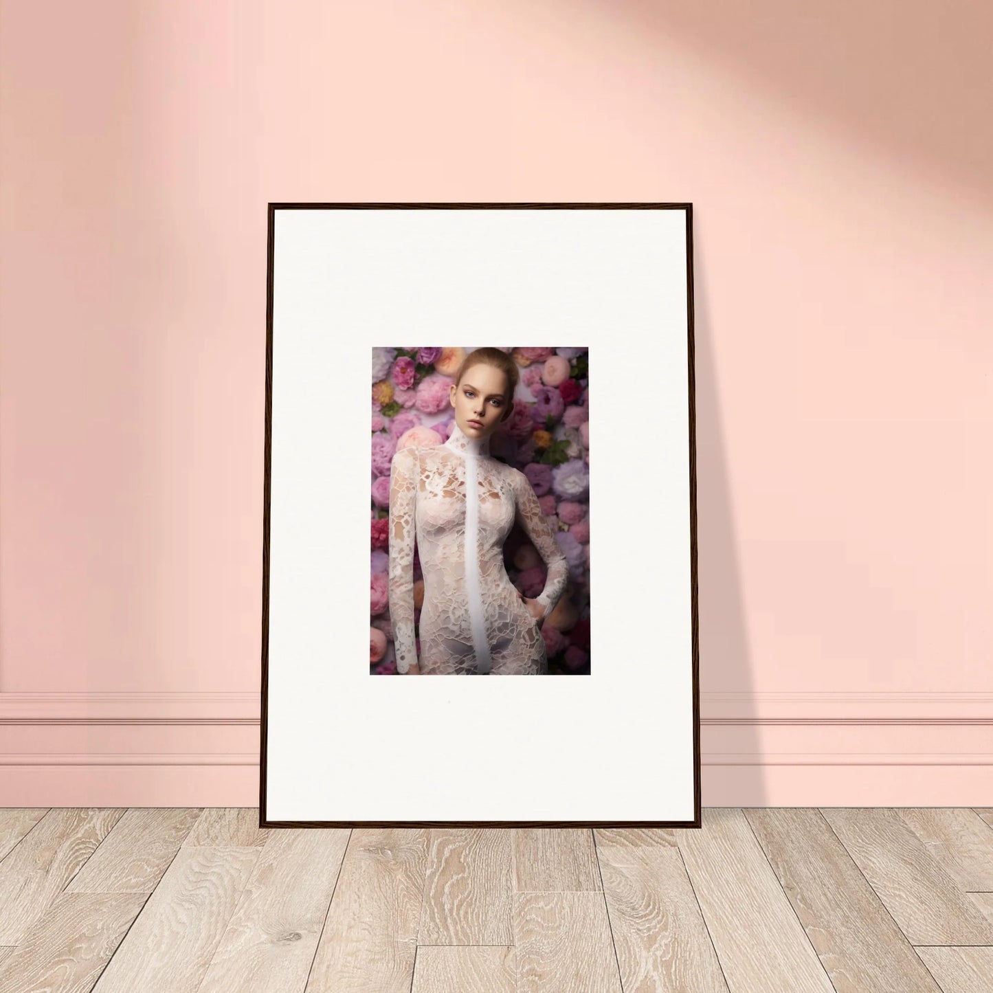 Framed portrait photograph of a person wearing an intricate white lace outfit against a floral background.