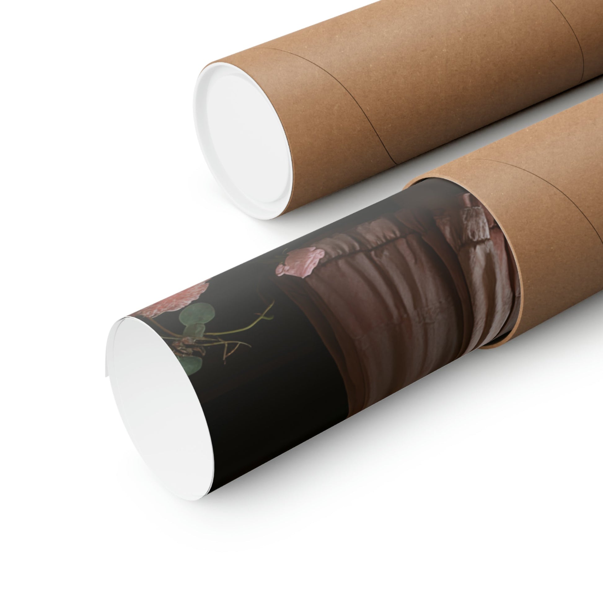 Cardboard mailing tubes, one with a floral print visible through a clear window.