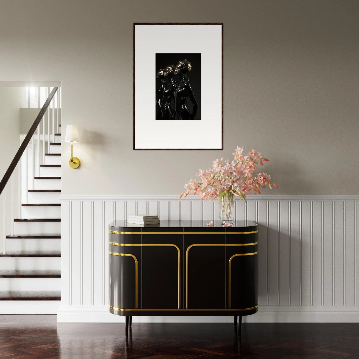 Elegant black and gold sideboard with curved edges and sleek design.