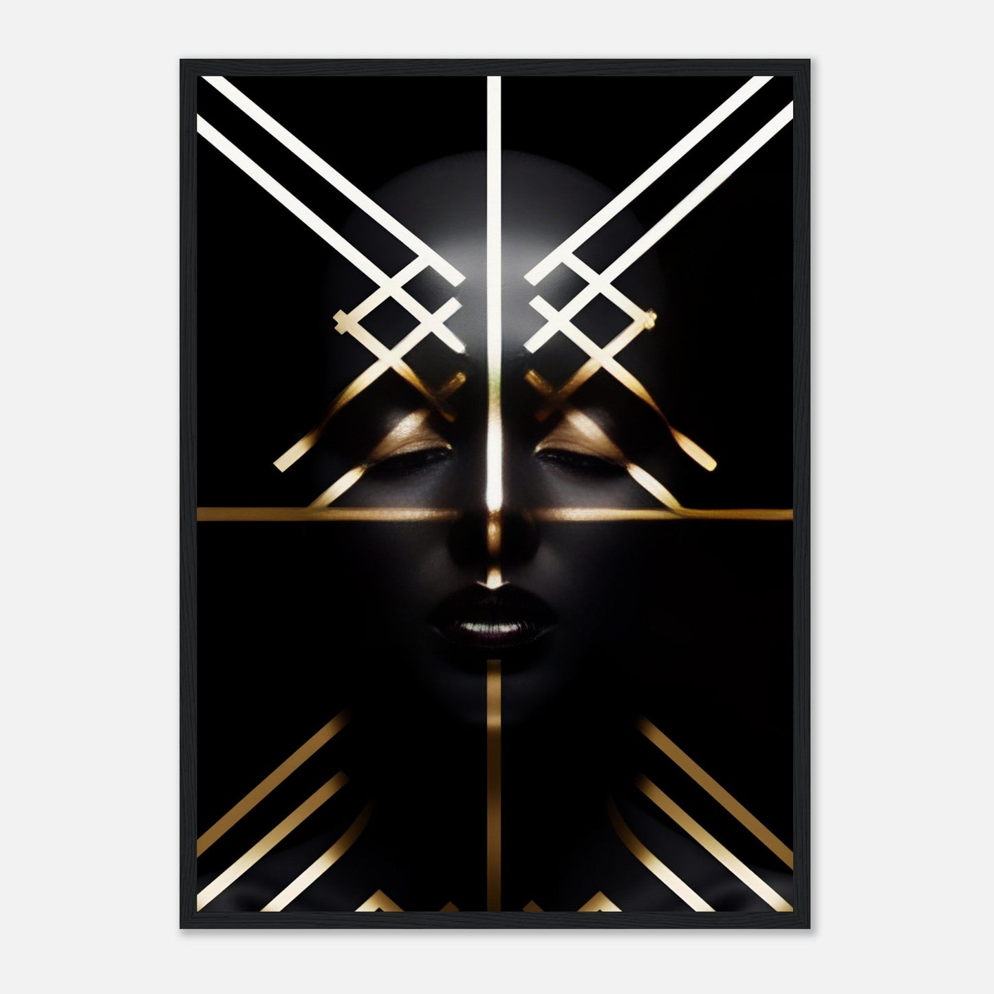 Abstract geometric face composed of intersecting white and gold lines on a black background.