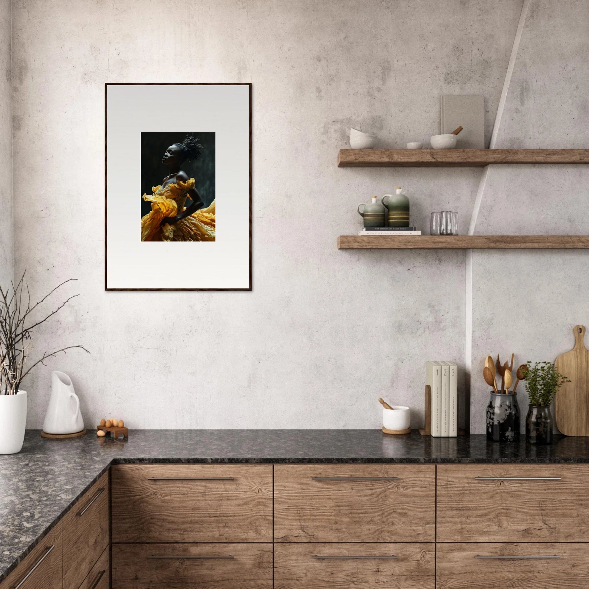 Modern kitchen with wooden cabinets, stone countertop, and framed artwork on the wall.