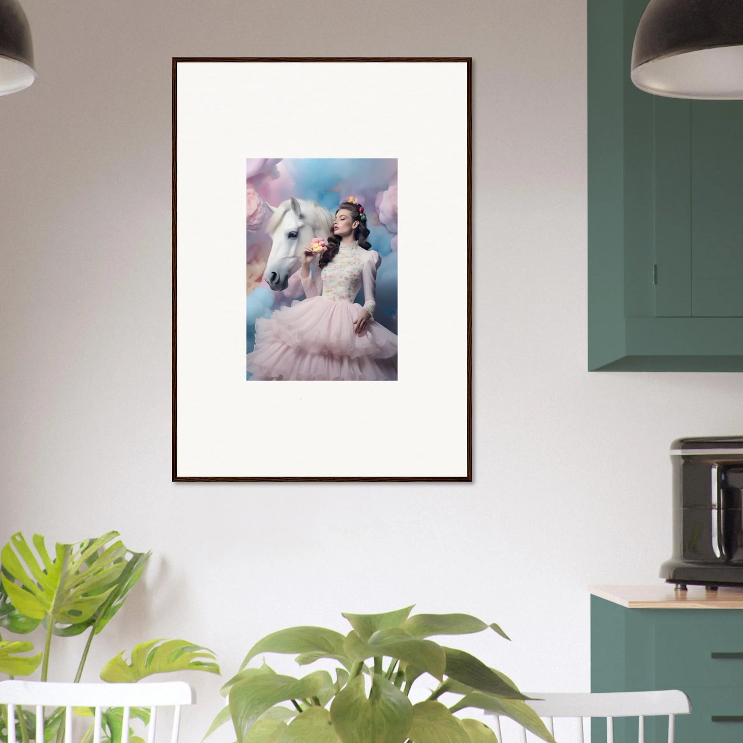 Framed artwork depicting a woman in a flowing dress with a white horse against a dreamy background.