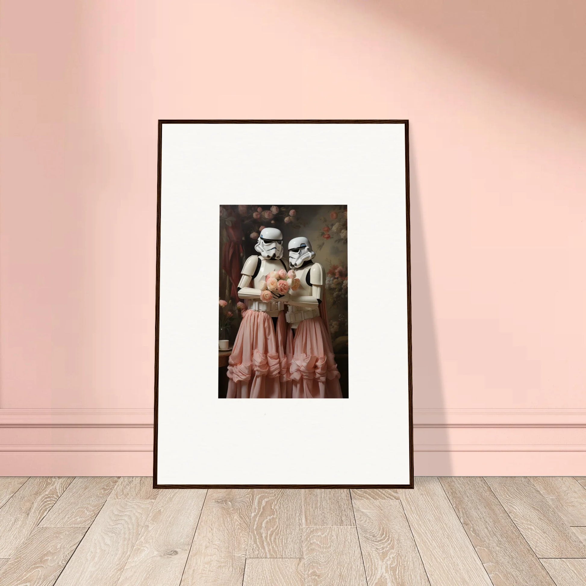 Framed artwork depicting two Stormtroopers wearing pink dresses.