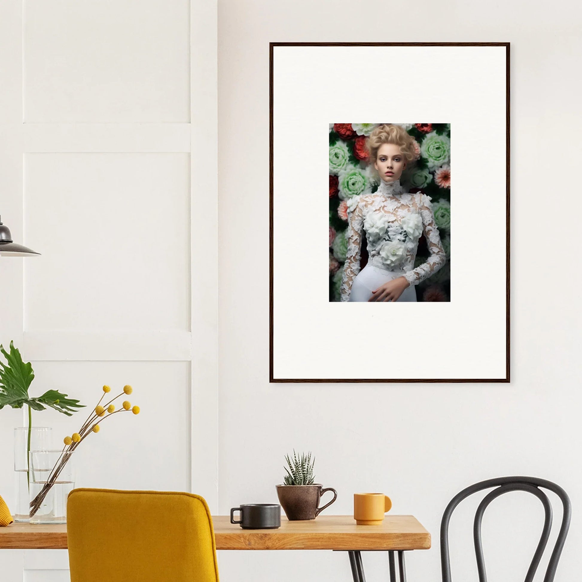 Framed portrait photograph of a person wearing an ornate white lace top against a floral background.