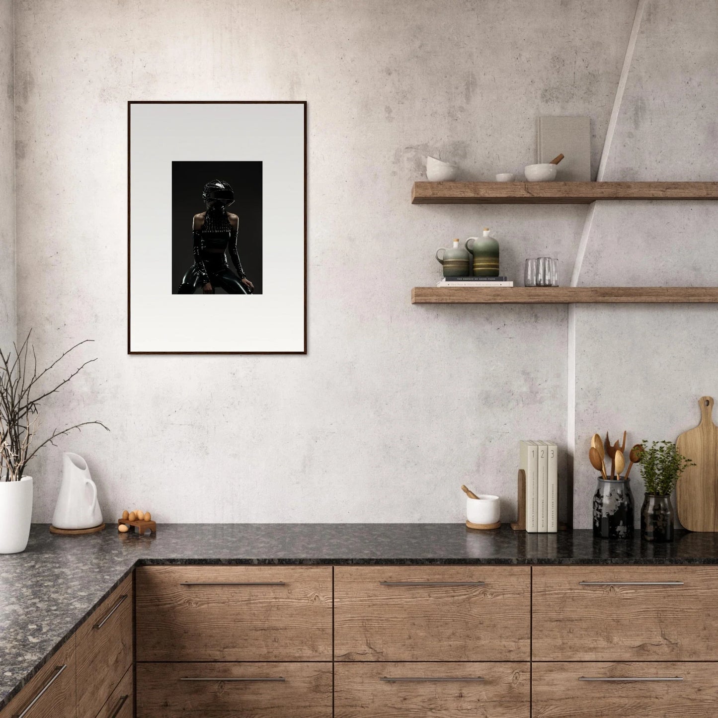 Modern kitchen with wooden cabinets, dark countertops, and floating shelves.